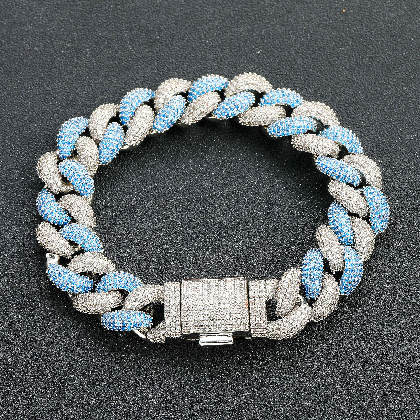 Hip Hop 14MM Blue and White Moissanite Bubble Cuban Bracelet Personality Fashion Creative Mens Hip Hop Bracelet moissanite