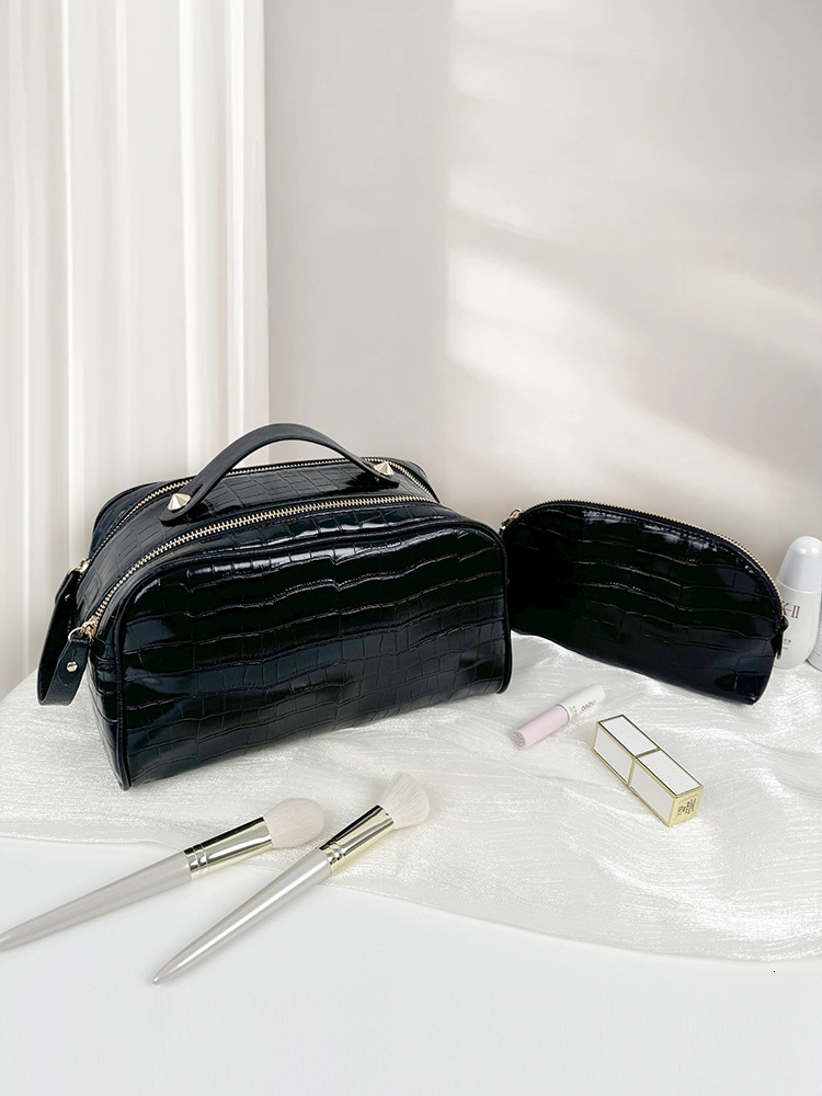 designer High-End Portable Handheld Matte Leather Makeup Bag Large Capacity Double Zipper Mother-Daughter Two-Piece Set Toiletry Storage Bag
