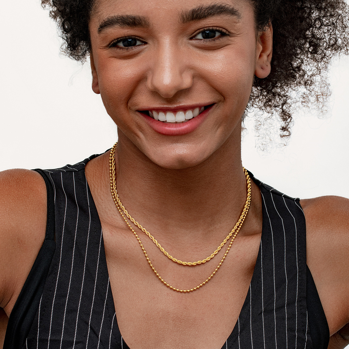 Personalized Style Collarbone Chain Gold Stainless Steel Double Layer Bead Necklace