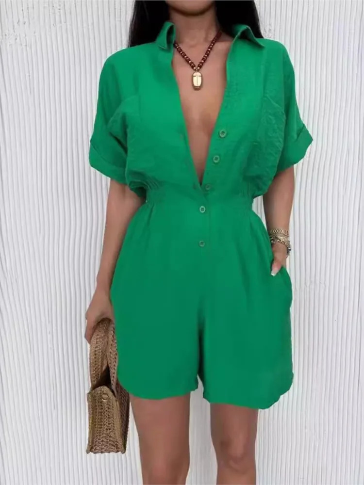 Women Fashion Pocket Shorts Jumpsuits Turn Down Collar Short Sleeve Tops Elastic Waist Shorts Casual Summer Femme Streetwear 250528