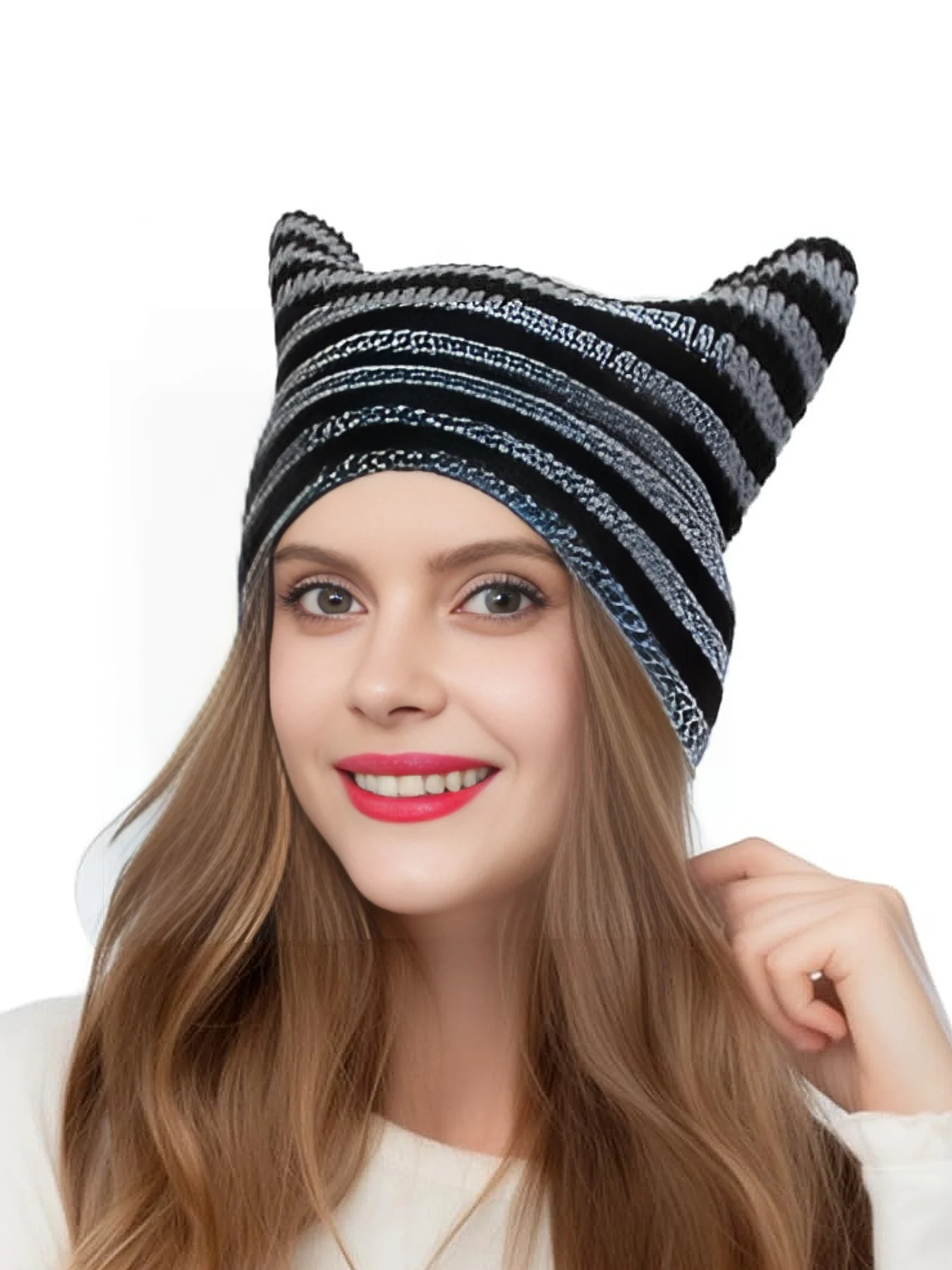 Cute Cat Ear Beanie Crochet Hats for Women Girl Knitted Y2K Striped Winter Warm Loose Fit Handmade HipHop Stylish Skullies Cap 250530