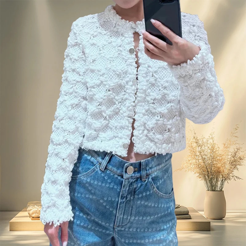 25 Tweed Style Stereo Woven Crochet Cardigan White Moonlight Straight Slim Short Womens Jacket 250530