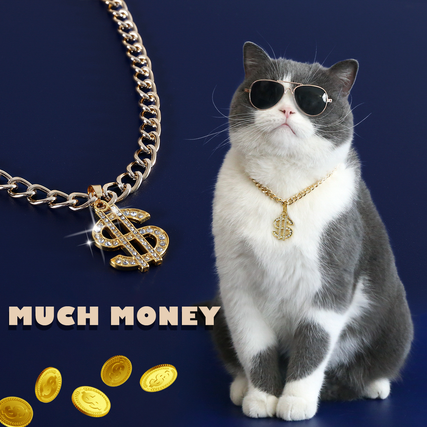 Luxury Adjustable Pet Gold Chain with Dollar Charm, Lightweight Cuban Link Necklace, Bling Jewelry Necklaces for Small Medium Large Breed Dog and Cat 