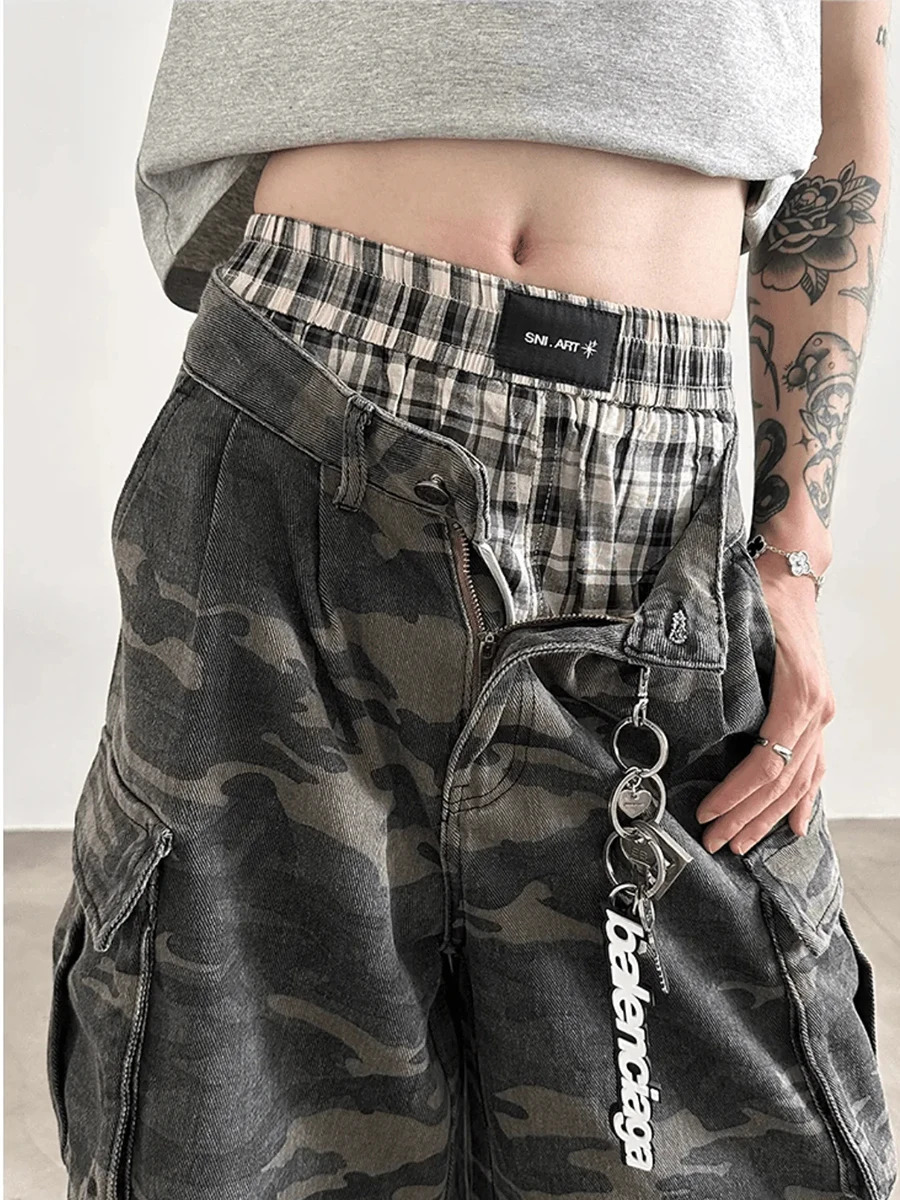 REDDACHiC Men Camouflage Denim Shorts Distressed Vintage Pleated Wide Leg Multi-pocket Cargo Jeans Jorts Hip Hop Punk Streetwear 250530