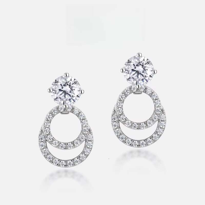 European American Style S925 Silver Moissanite Earrings for Women Double Ring Geometric Face Thin Cross-Border Live Broadcast