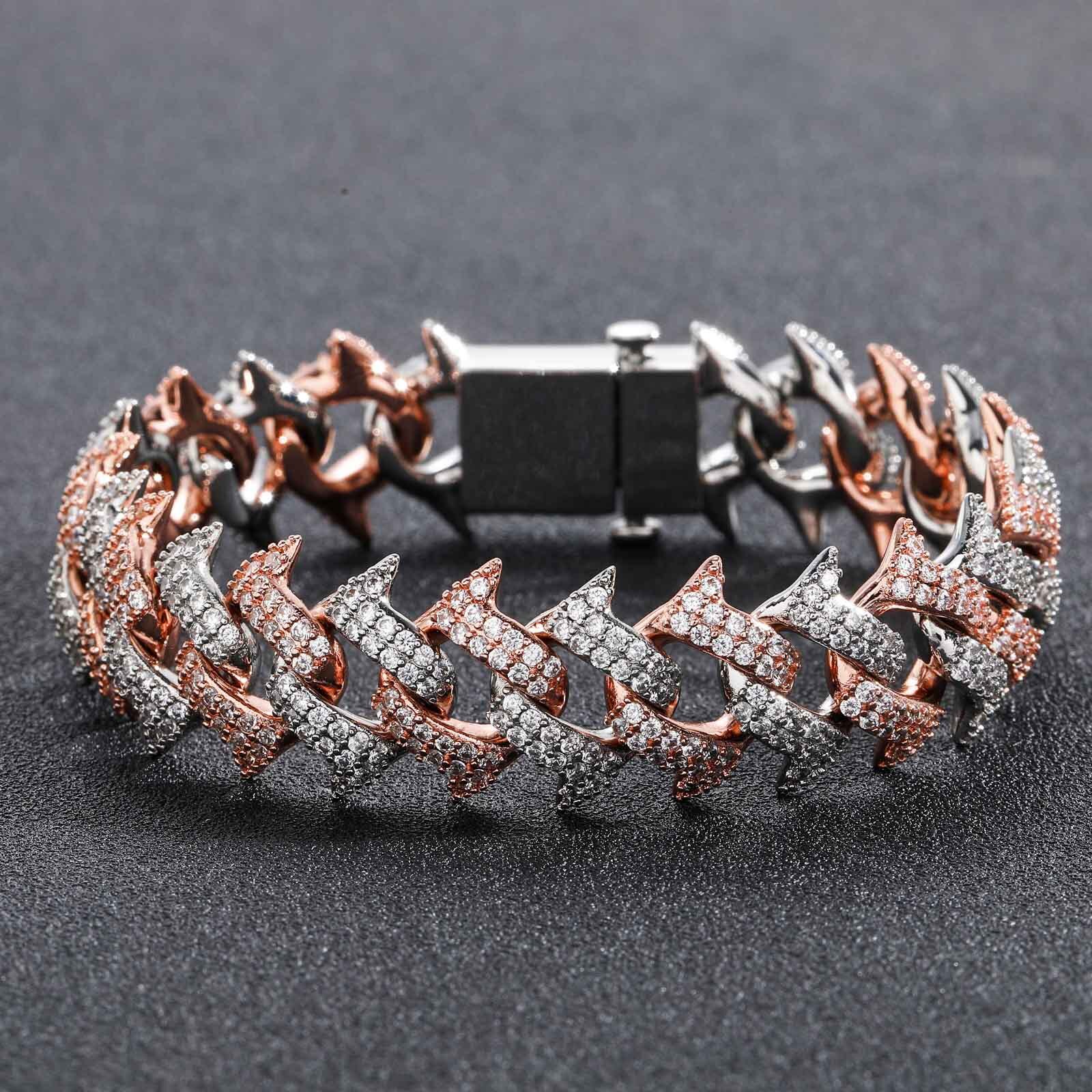 Hip Hop 18mm Pink White Moissanite Spiked Thorn Cuban Chain Bracelet Spring Clasp Mens Personality Hip Hop Bracelet moissanite