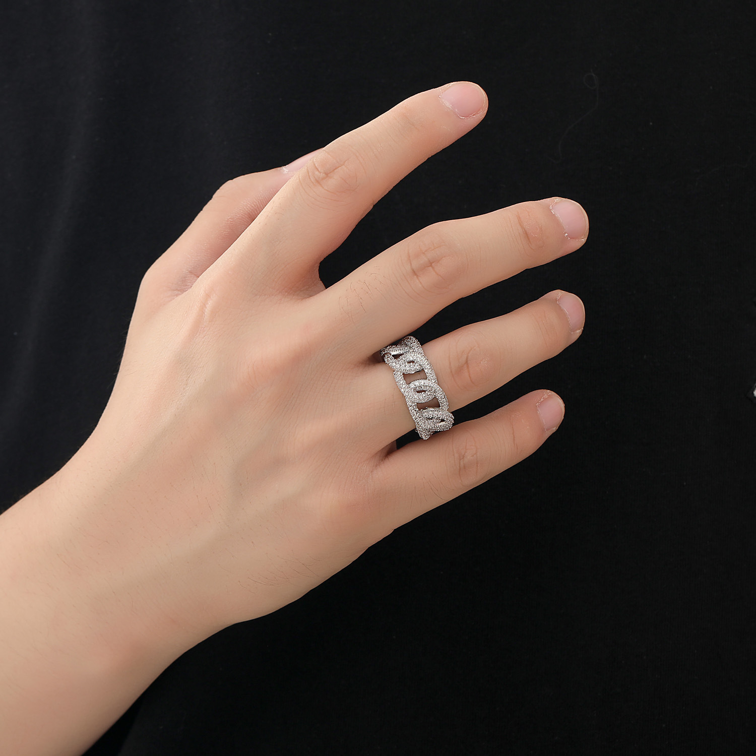 Hip Hop Ring Cuban Chain Hollow Mens Ring Full of Moissanite Personalized Fashion Hip Hop moissanite