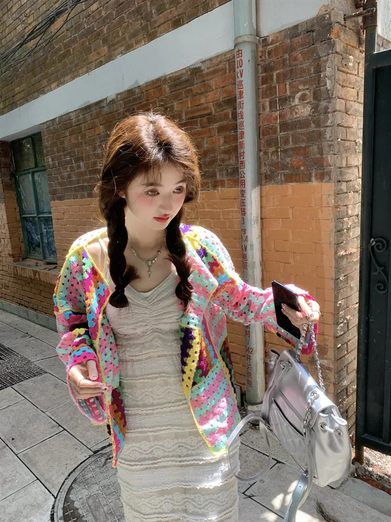 SALIENCY Colorful Crochet Knit Hollow Cardigan Sweater Jacket Women Spring Top Loose Short Knitwear 250530