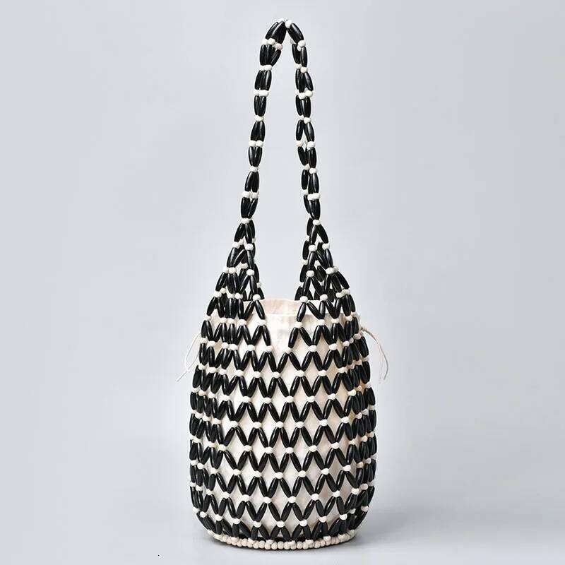 Women Woven Hand Exquisite Design Hollow-Out Wooden Bead Tote Bucket Shoulder Bag Female Summer Beach Handbag