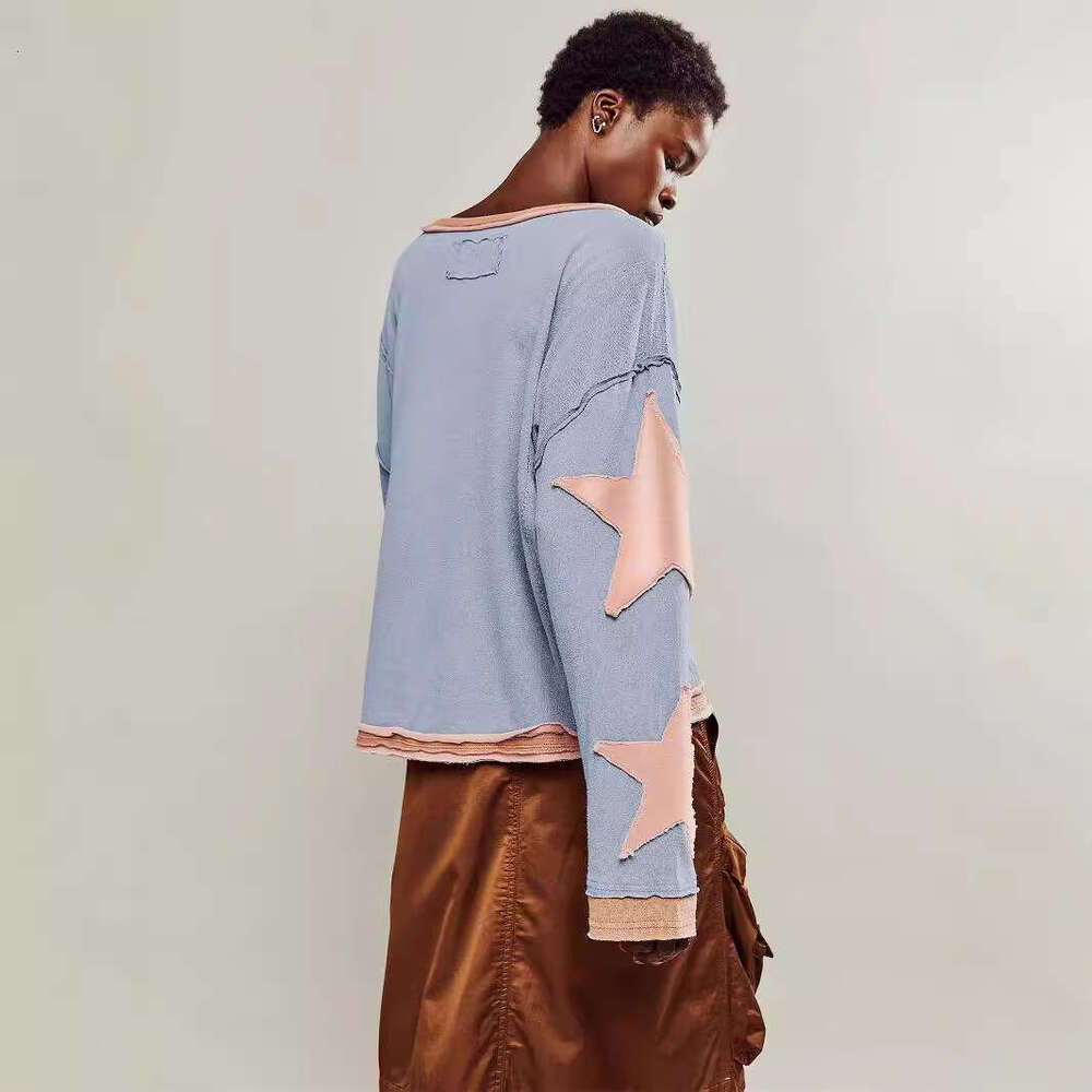 2025 Autumn Color Block Women's Fashion Long Sleeve Top Drop Shoulder Round Neck Star Decorated Line Sweatshirt