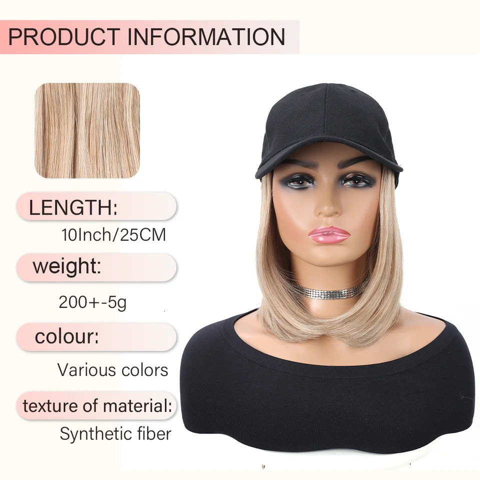 Baseball Cap with Synthetic Hair Extensions Straight Short Bob Hairstyle Adjustable Removable Wig Hat 10 inch for Woman Girl 250530
