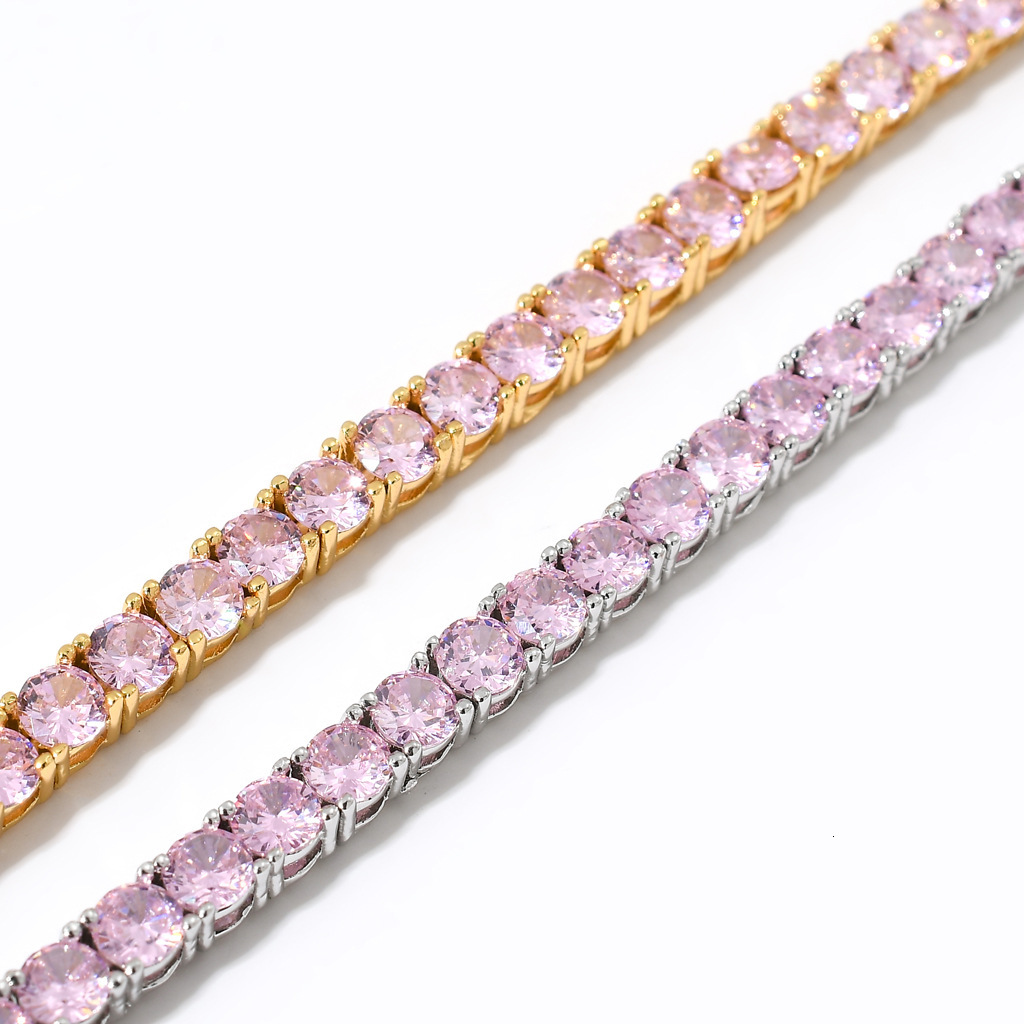 Hip hop Necklace 4mm copper inlaid pink Moissanite one row bracelet fashion brand men and women lovers hip hop jewelry moissanite