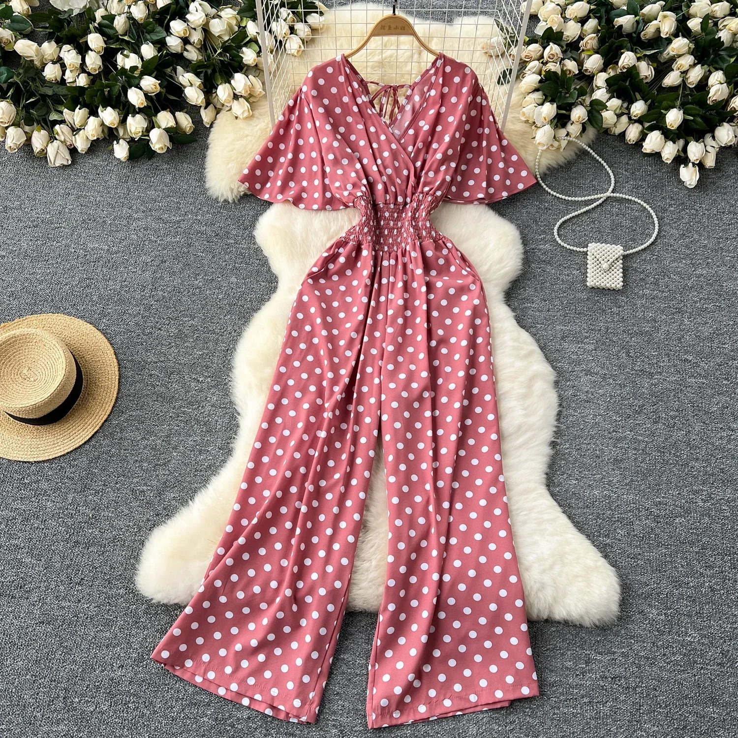 Summer Polka Dot Romper Women Elegant V-Neck Short Sleeve High Waist Jumpsuit Female Loose Wide Leg Playsuits Fashion 250530
