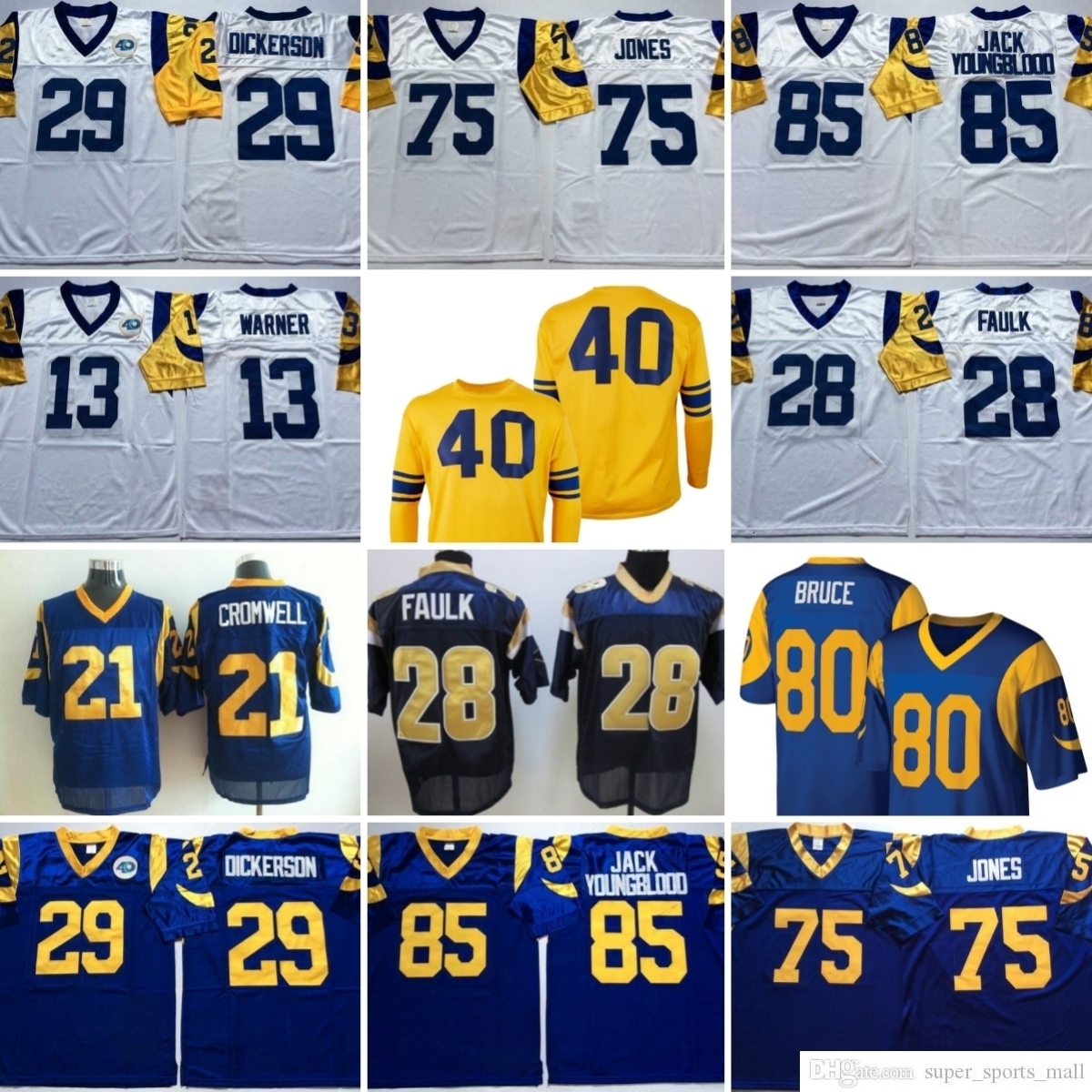 75th Throwback 75 Deacon Jones 1976 Football Jerseys 74 Merlin Olsen 13 Kurt Warner 85 Jack Youngblood 10 Marc Bulger 21 Nolan Cromwell 12 Joe Namath Stitched Jersey