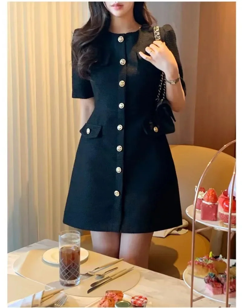 Korean Chic Tweed Dresses Small Fragrance Women Dress Short Sleeve Vestido Summer O-neck Dresses Elegant Robes 250529