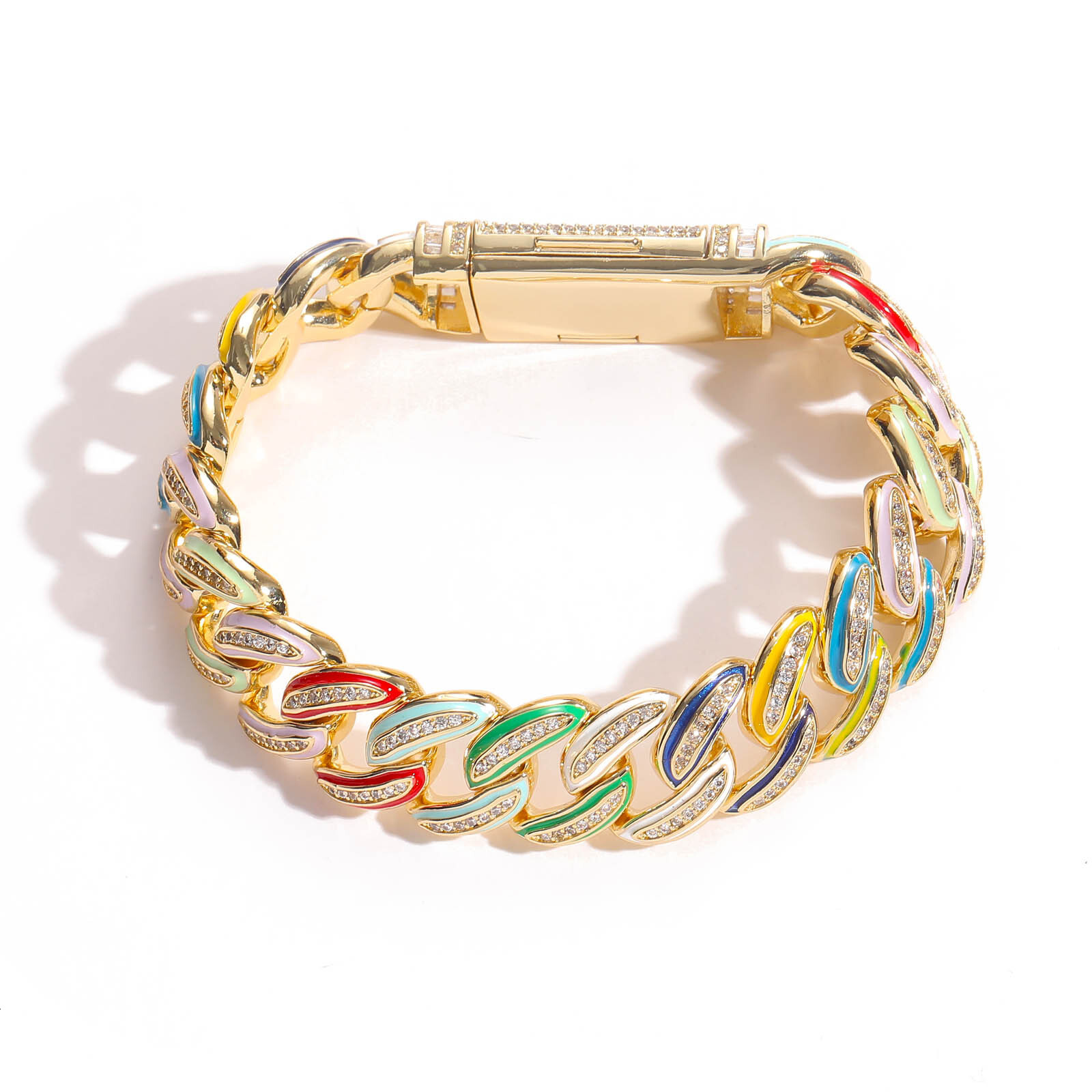 Hip Hop Meisa New 15mm Colorful Oil Drip Cuban Chain High-end Copper Inlaid Moissanite Trendy Bracelet Niche Jewelry moissanite