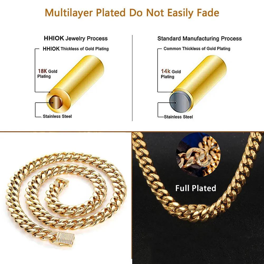 Gold Plated Mens Heavy Miami Cuban Link Chain Choker with Lab Diamond Clasp Stainless Steel Hip Hop Thick 10mm/12mm Necklace 250529