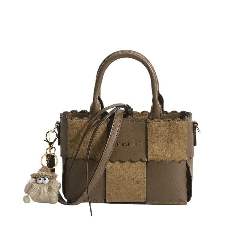 designer Cross-border Brown Color-block Plaid Handbag Crossbody Bag for Women Fashion Versatile with Pendant Color-block Woven Shoulder Bag