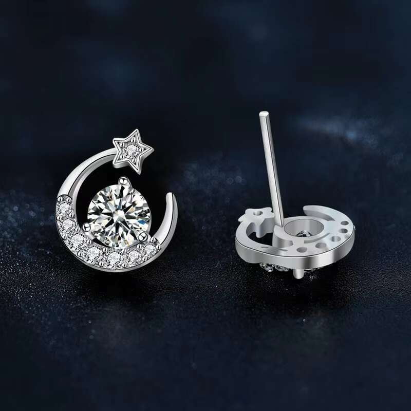 Delicate Summer Ear Jewelry Moissanite 925 Sterling Silver Star Moon Earrings Ear Studs with Needle Design