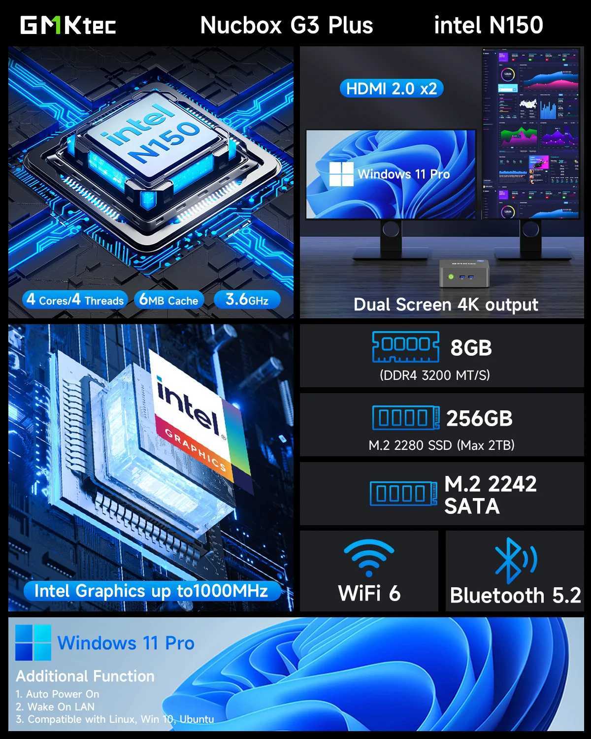GMKtec G3 Plus Latest Twin Lake N150 Mini PC DDR4 3200MHz NVMe SSD WiFi6 BT5.2 Windows 11 Pro 2.5G RJ45 Desktop Office Computer X250602