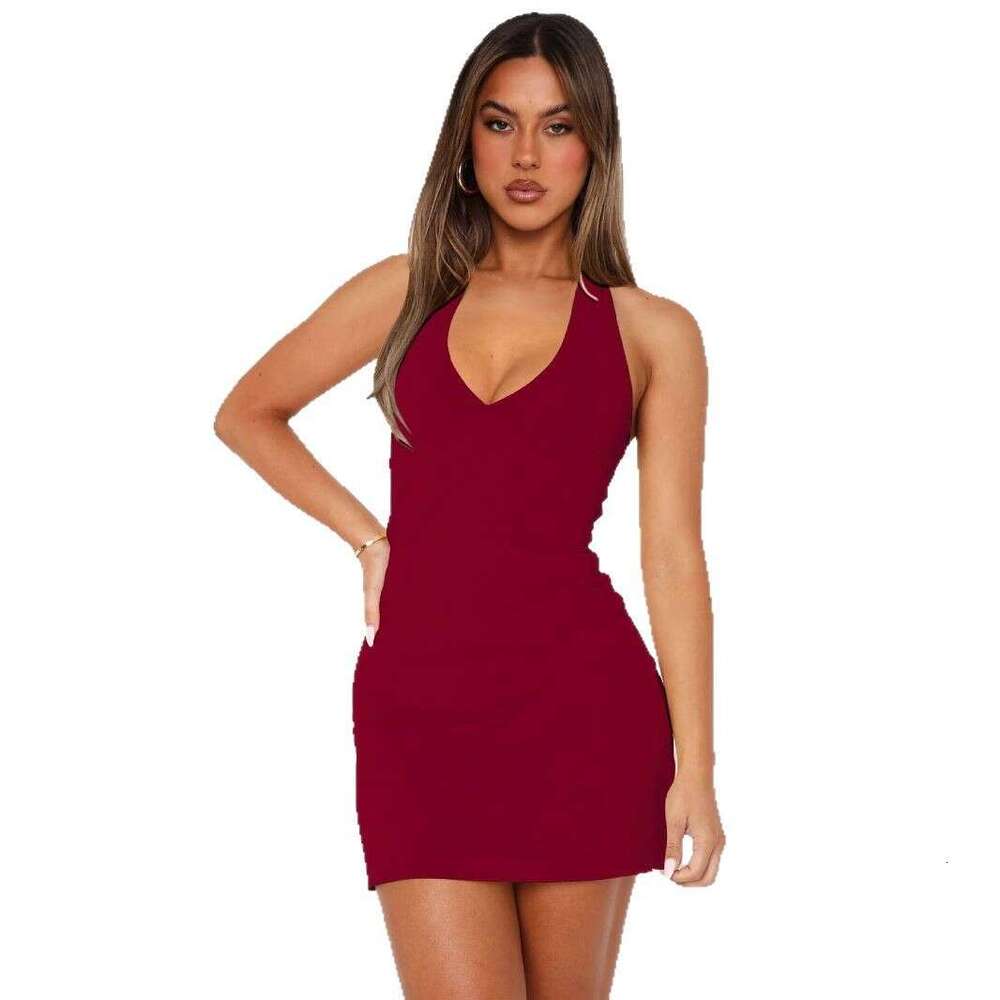 2025 New Women's Fashion Solid Color Slim Fit Summer Strap Sexy Short Dress Halter Neck