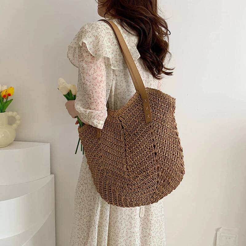 2025 New Handmade Fashion Straw Women's Shoulder Bag with Bow Scarf Suitable for Travel Beach Designers, Girls' Shopping Bag, Female Style