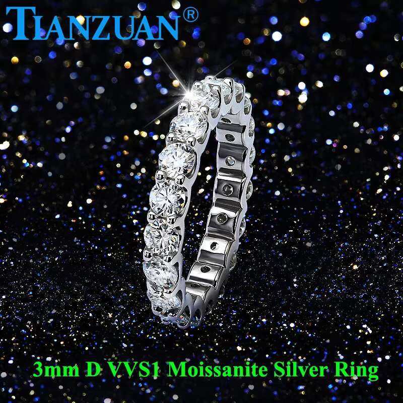 0.1ct 3mm Round White Moissanite Ring Eternity Band Ring 925 Sterling Silver Jewelry Rings Engagement Wedding Dating Gift Women