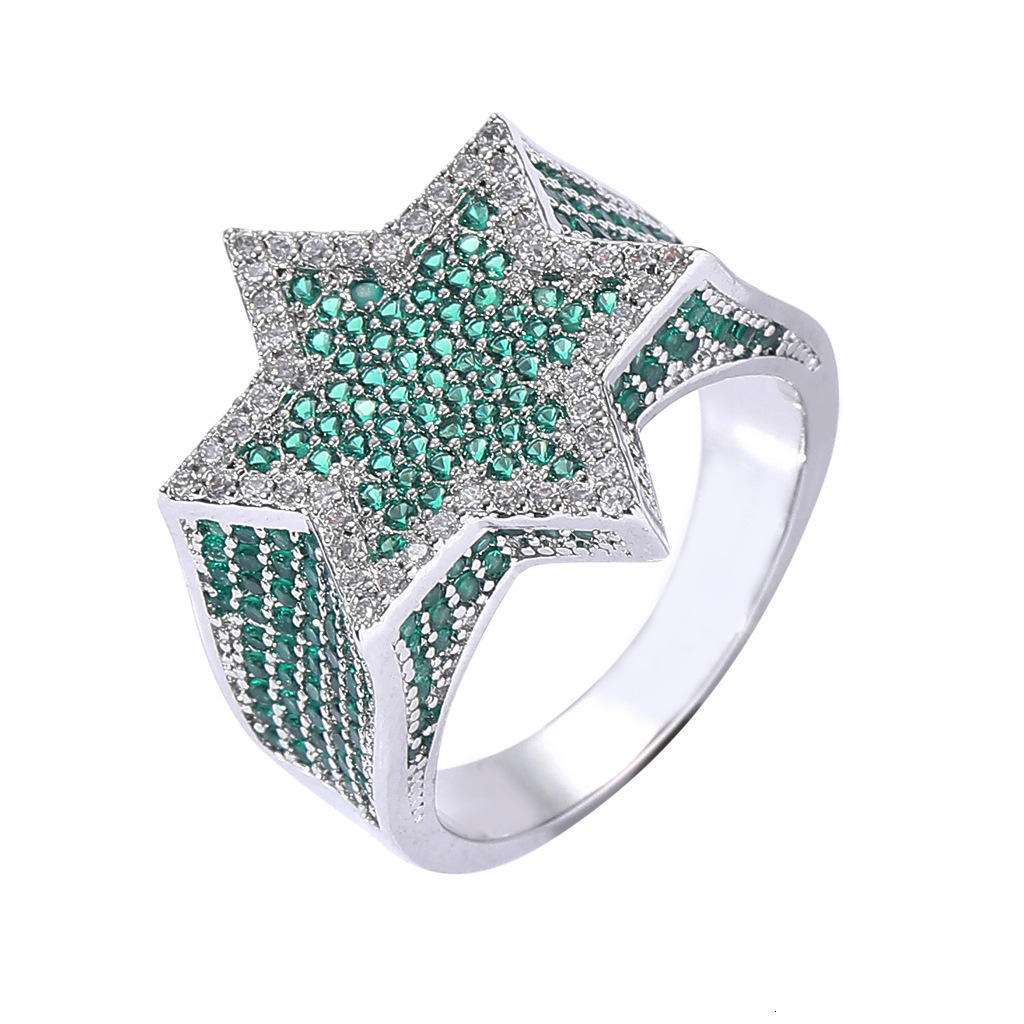 Hip hop ring green Pentagram hexagonal ring Moissanite personalized mens hip hop accessories moissanite