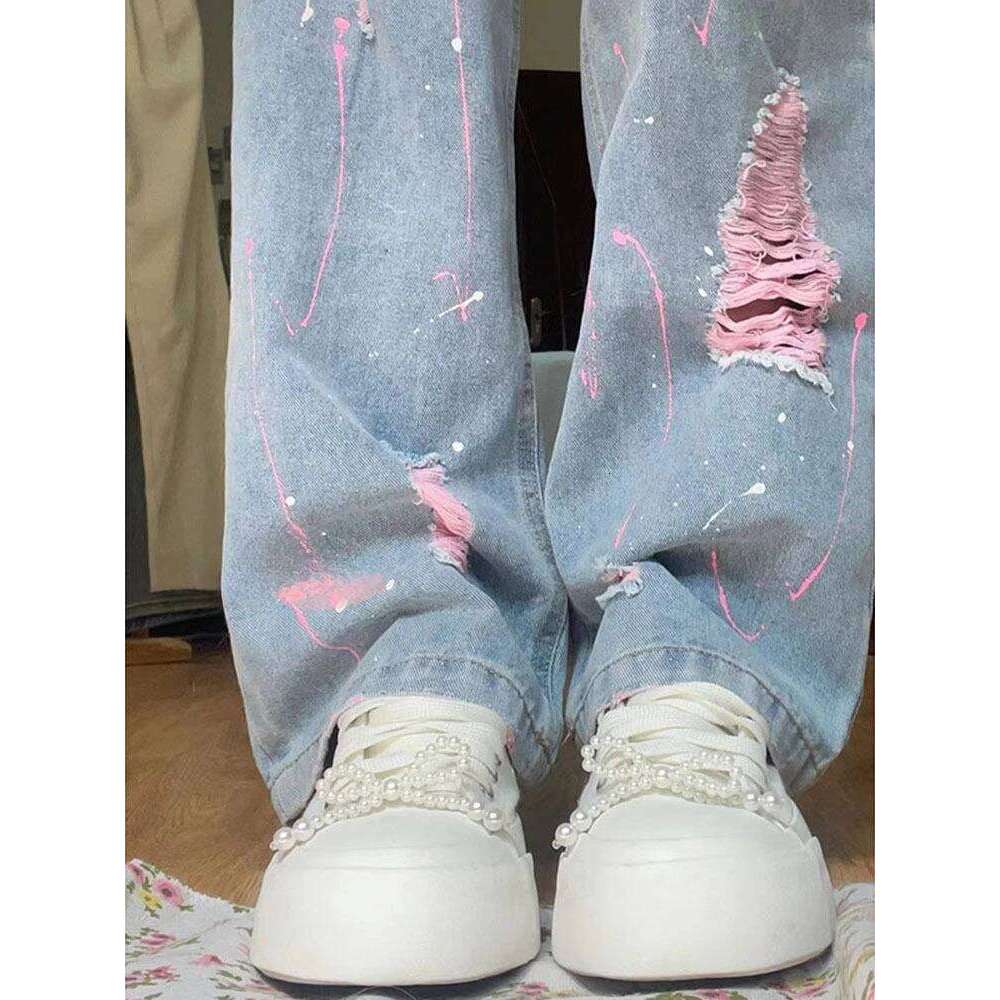 Woman Ripped Jeans Straight Leg High Waist Shot Loosefit Denim Pants For Women Pant Aesthetic 2025 Quality Teenagers Trousers