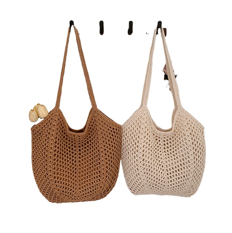 designer Cotton Rope Woven Bag for Women, Summer New Large Capacity Hollow Beach Bag, Casual Style Shoulder Tote Bag