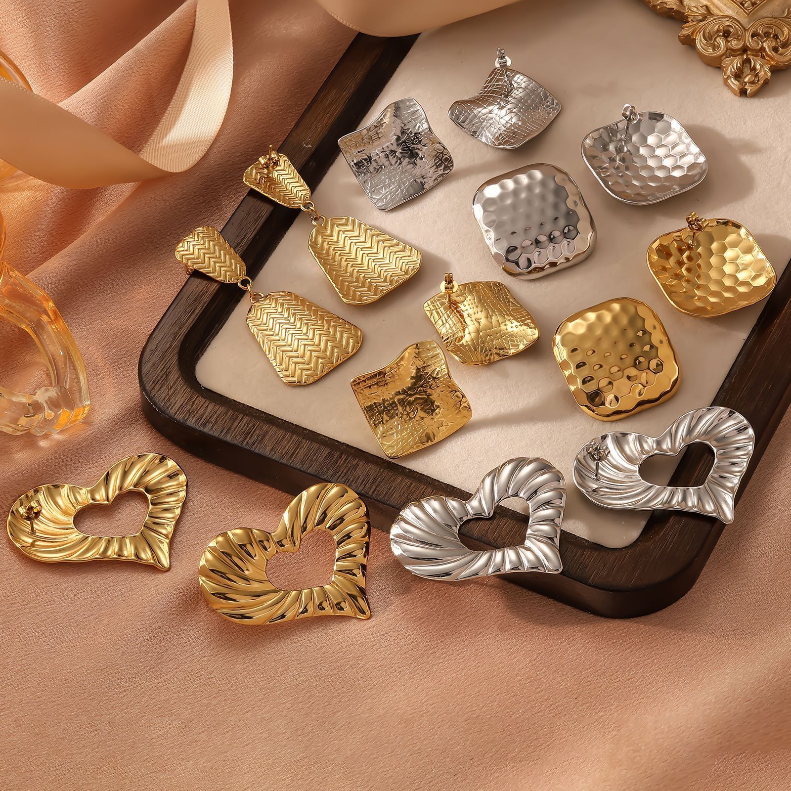 Hammered Irregular Earring Accessories for Women Stainless Steel Square Stud Earrings High-end Sense of Style