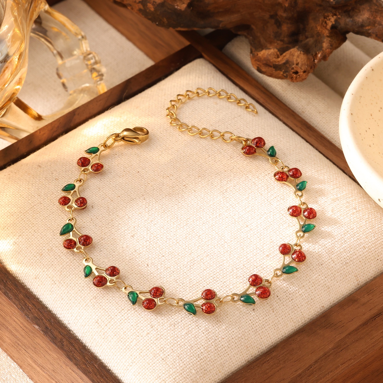 Gold Plated Enamel Cherry Bracelet Necklace Ins Stainless Steel Jewelry