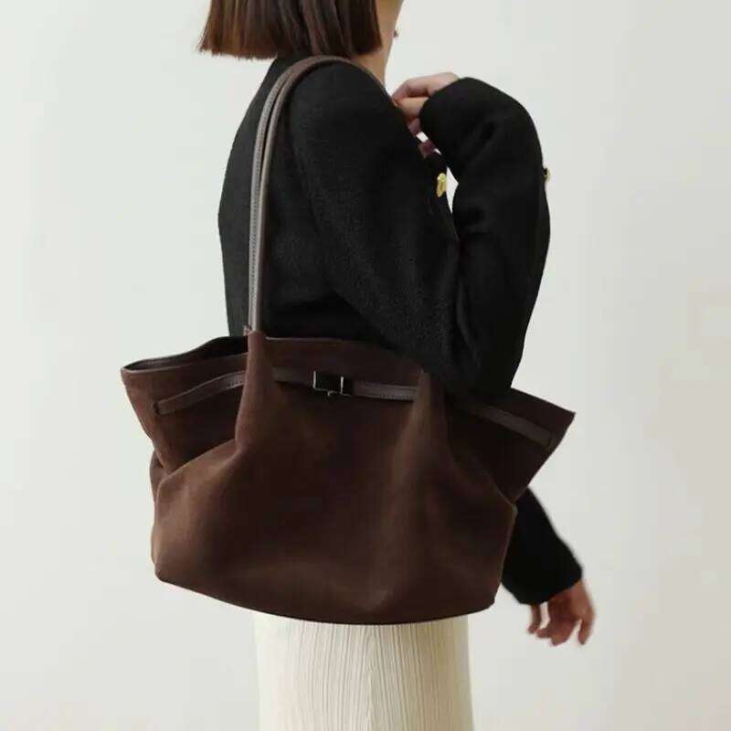Slouchy Style Coffee Color Large Trapeze Tote Frosted Cow Skin Women Commuter Shoulder Bag Suede Retro Leisure Ladies Handbag