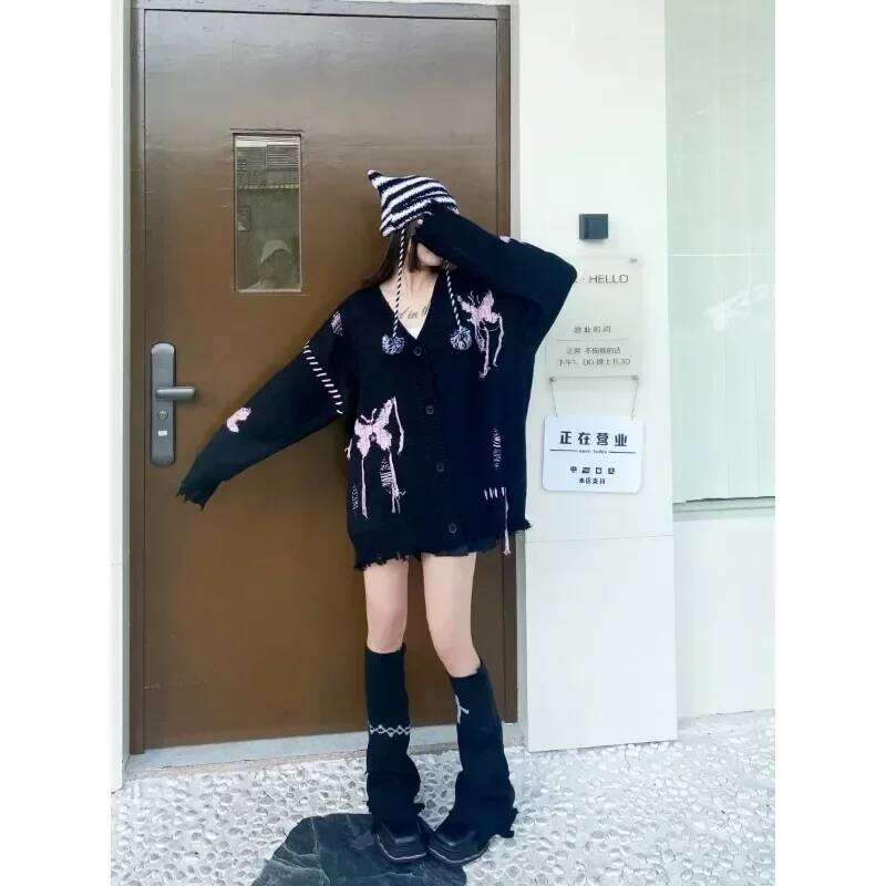 Butterfly Embroidered Tassel V-Neck With Torn Holes Lazy Style Cardigan Women's Clothing Cool Loose And Slim Design Knit Sweater