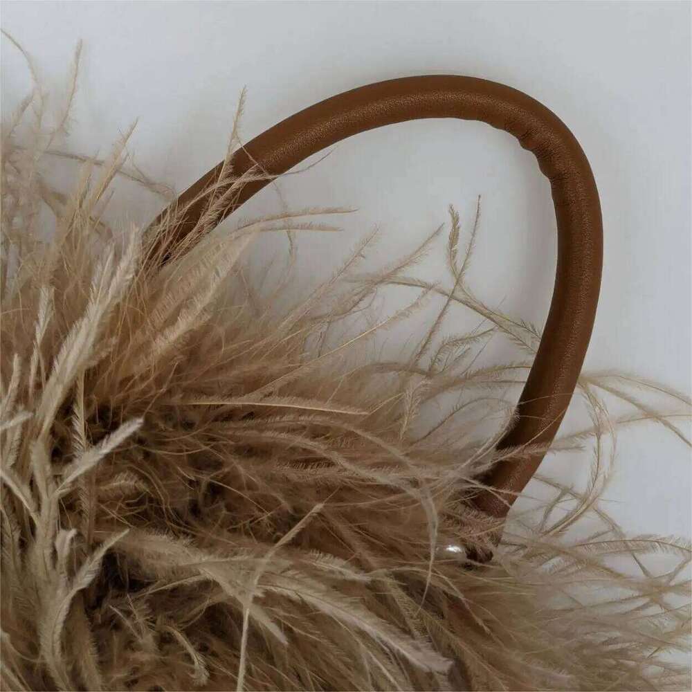 2024 Real Natural Ostrich Feather Mini Handbag Furry Fluffy Women Change Purse For Party Leather Handle Clutch Bag Peach Fuzz