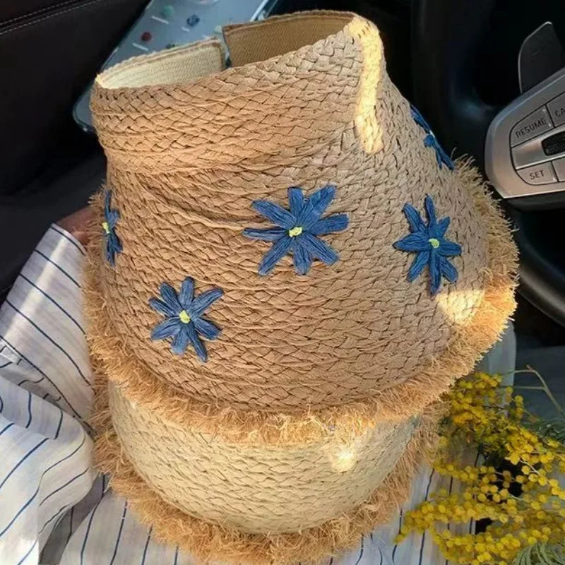 Color Wood Beads Straw Hat Large Brim UV Protect Sunshade Hat UPF 50 Sun Protection Sun Cap 250530