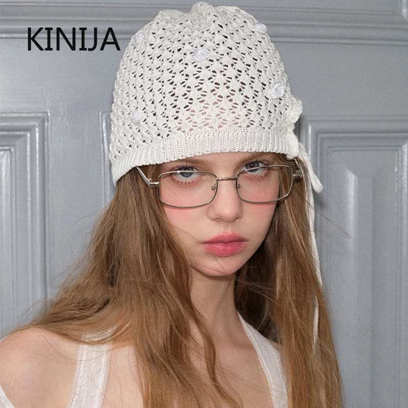 Korean Hand-crocheted Rose Knitted Hat Spring and Summer Simple Hollow Lace-up Temperament Beanie Cap 250530