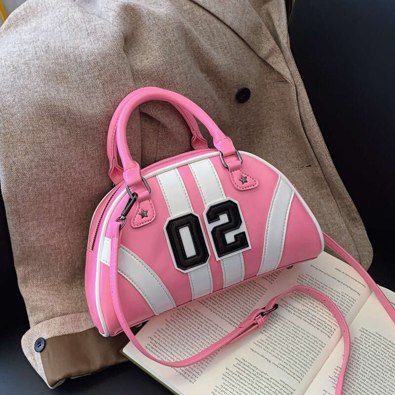 Women's bowling bag oil leather splicing contrasting digital decoration hand-held women's handbag 2025 new casual versatile fashion
