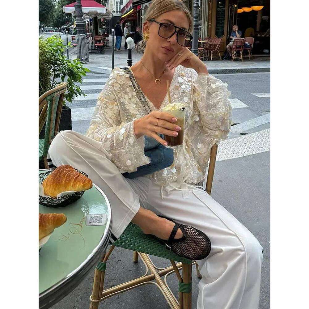 Summer Shiny Sequins Wide Leg Pants Women Elegant Loose Beading Snowflake See Through Trousers 2025 New Lady Holiday Outerwear