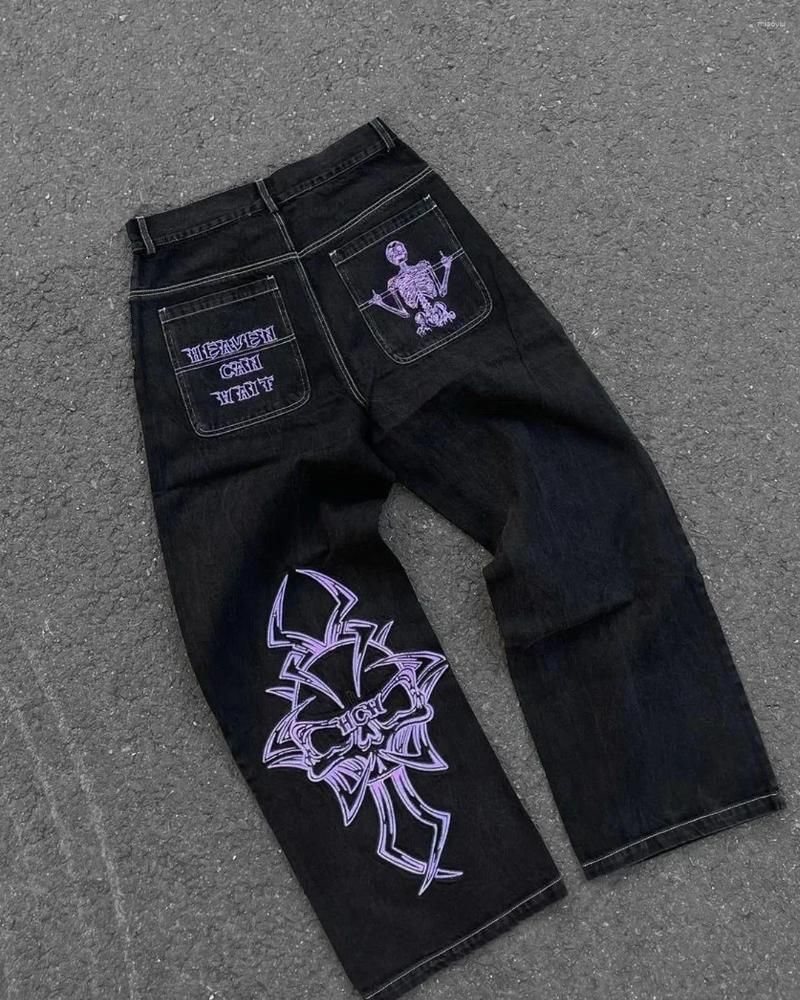 Men's Jeans Baggy Harajuku Goth For Men Black Striped Hip Hop Embroidered Wide Leg Denim Pants High Street Streetwear Z260315