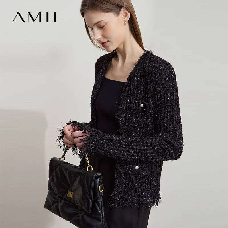 Amii Minimalist Tassel Front Shoulder Long Sleeve Women's Cardigan 2025 Spring New Commuter Splicing Short Straight Top 12551057
