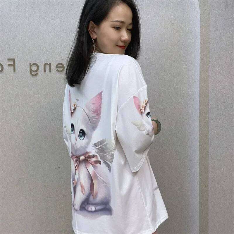 2024 Fashion Printed T Shirts for Women Summer Clothes Casual Cartoon Pattern Hot Dias Beading Female Short Sleeve Tops Tee