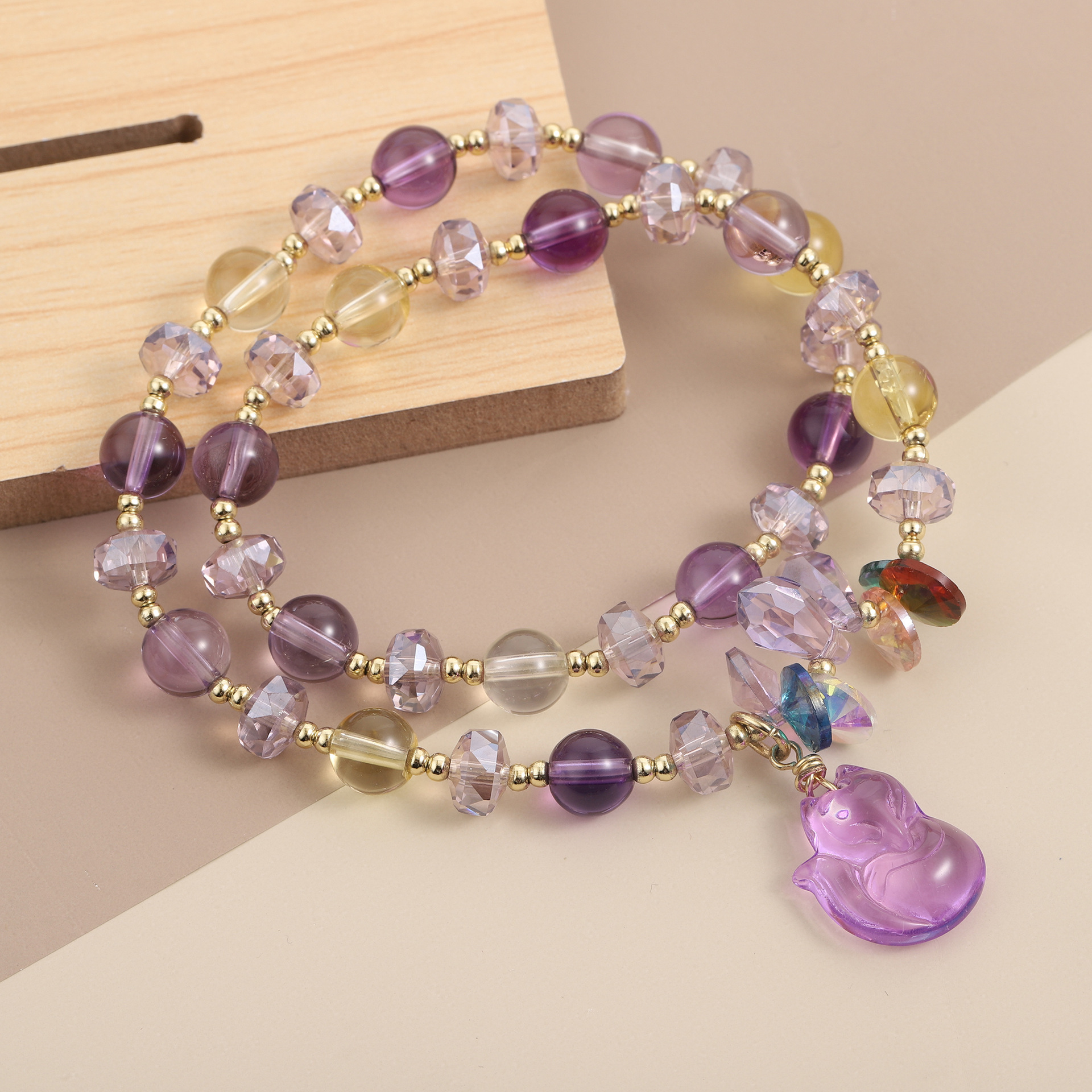 Korean version new energy amethyst double circle simple and fashionable fox pendant elastic rope creative design bracelet