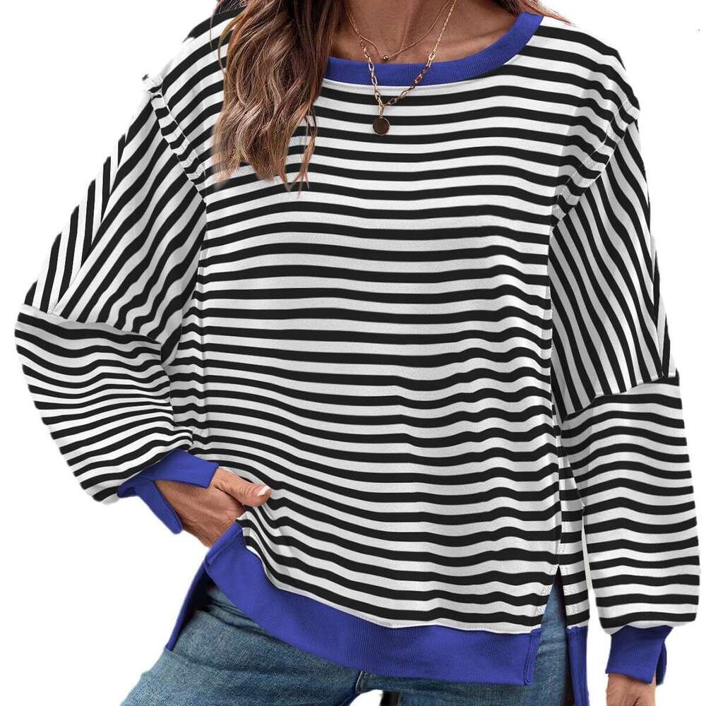 Hot Selling Casual Loose Autumn Winter Long Sleeve Striped Split Round Neck Design Street Style Sweatshirt Top