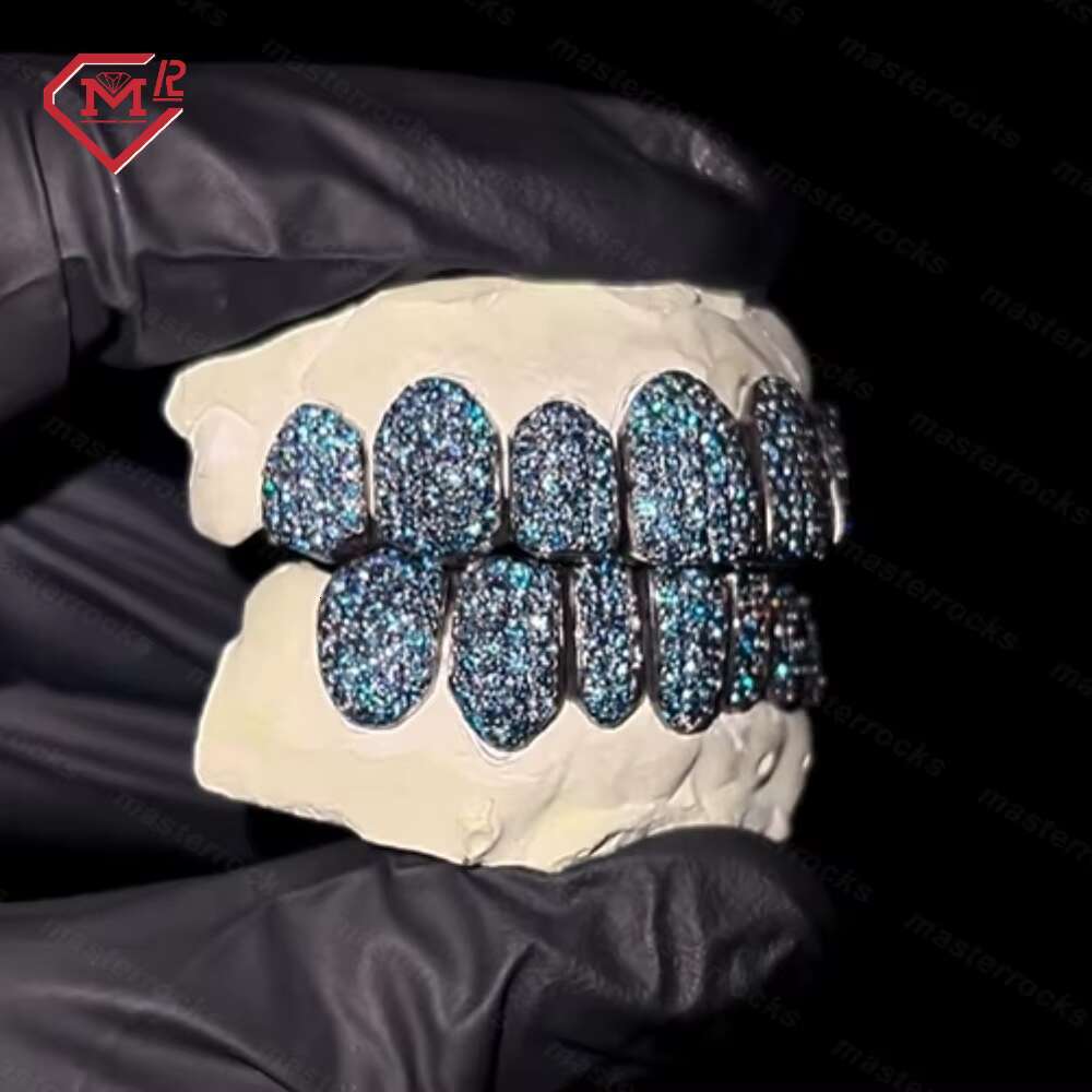 Best Shinning Blue Stones Teeth Grillz for Men 8 on 8 Permanent Cut Honey Comb 925 Silver Custom Iced Out Grillz