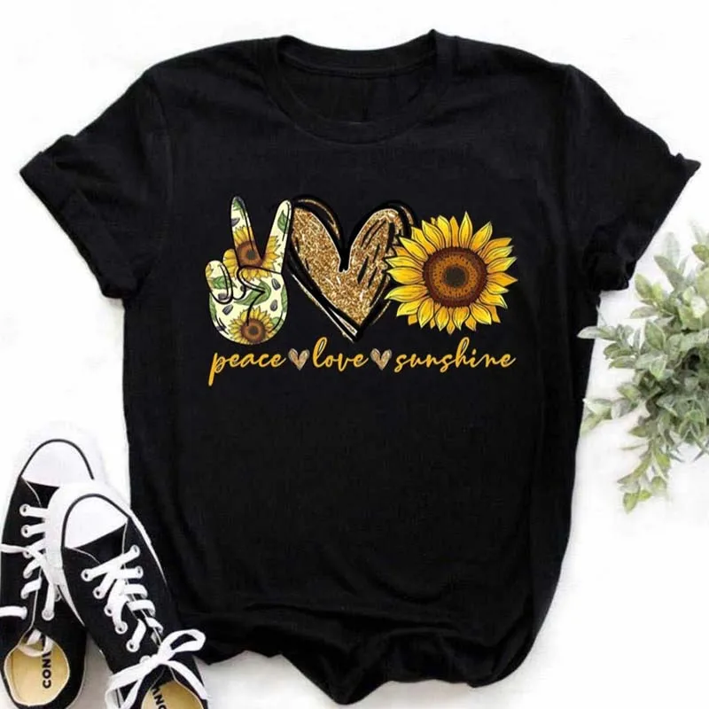 Desginer Women's T-shirt Casual Kawaii Sunflower Butterfly Pattern Print Tshirt Comfortable Casual Women's Clothing Black Top