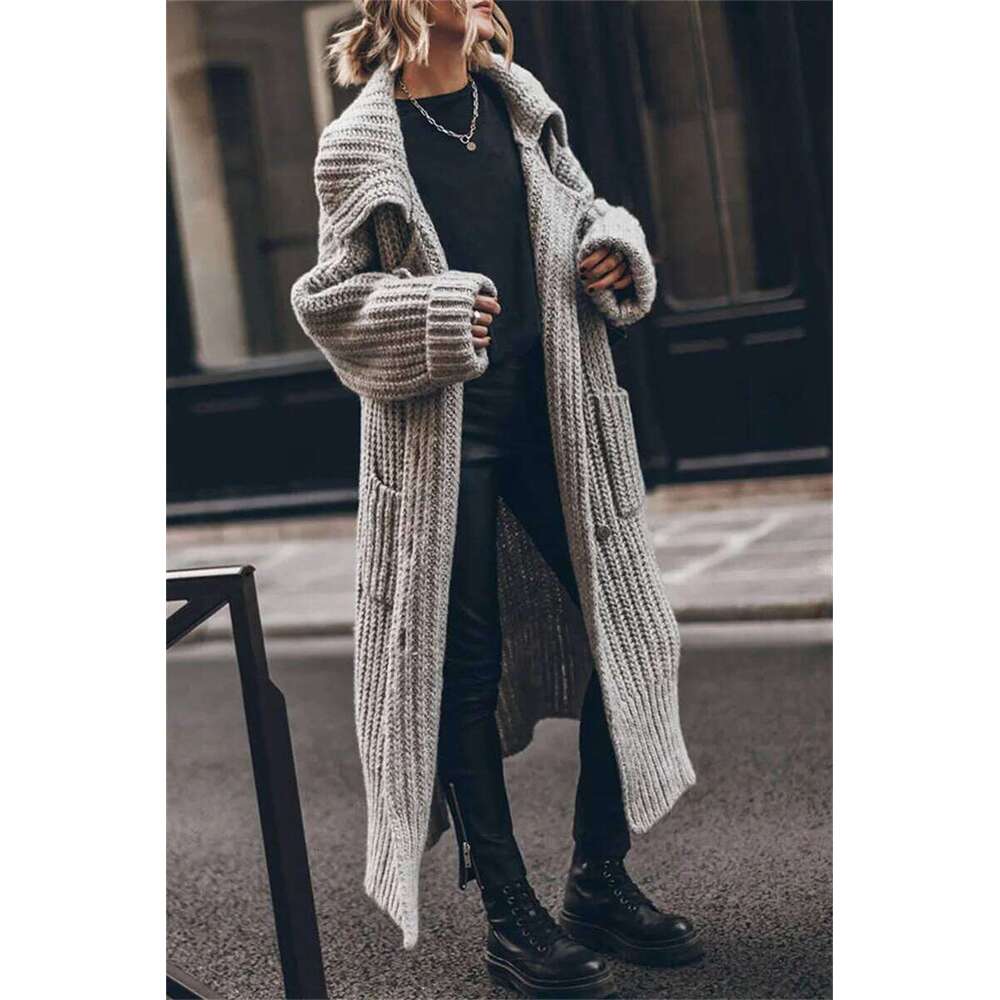 2024 Women's Autumn And Winter Maxi Cardigans Single Breasted Oversized Sweaters Solid Color Large Collar Boho Long Knitwear