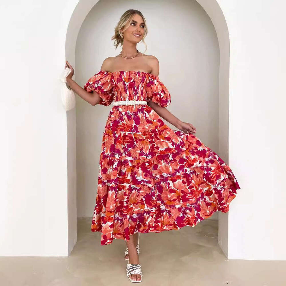 Summer European and American bubble sleeves vacation slimming long skirt spicy girl high waist one shoulder printed dress for women 2025 temperament v