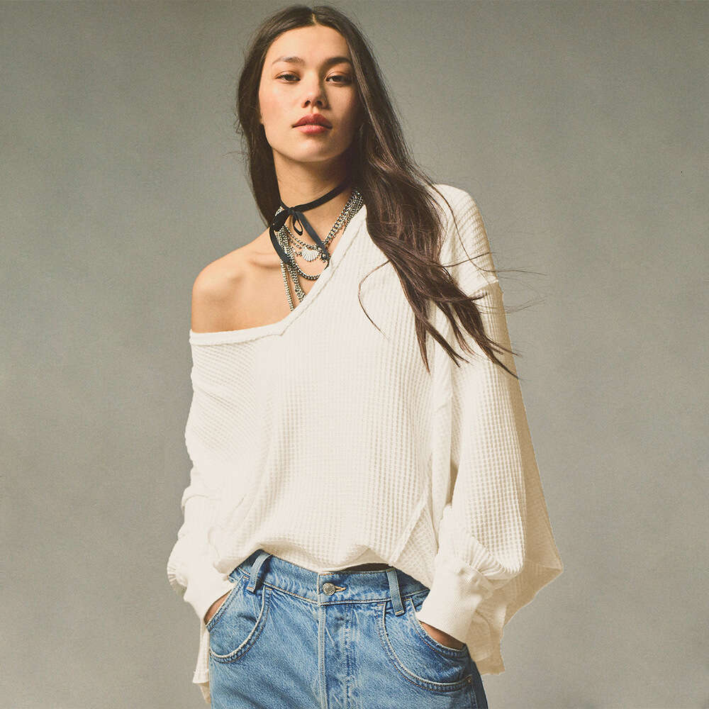 New Loose Fashion Women's Clothing Waffle V-neck Slimming Lazy Long Sleeve Top Autumn Winter Sweatshirt