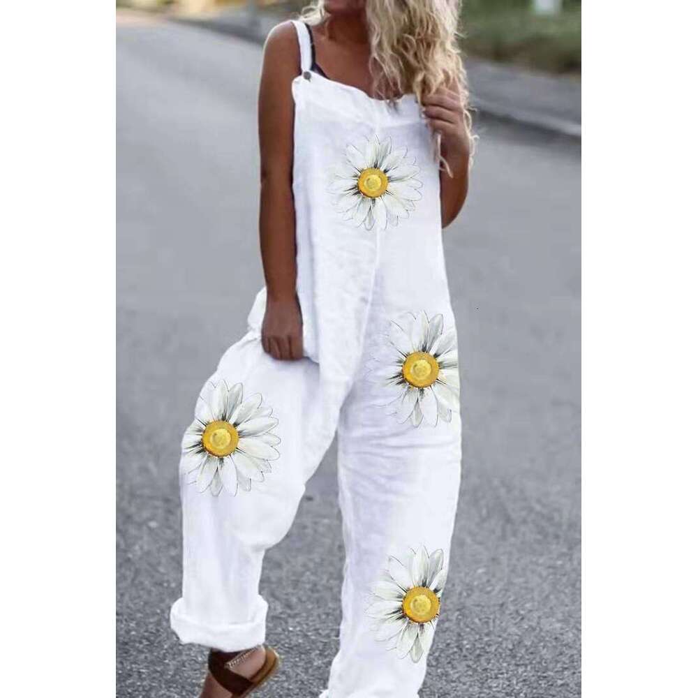 European and American summer long skirt street brand linen printed jumpsuit overalls 2025 new casual fashion trend clothing